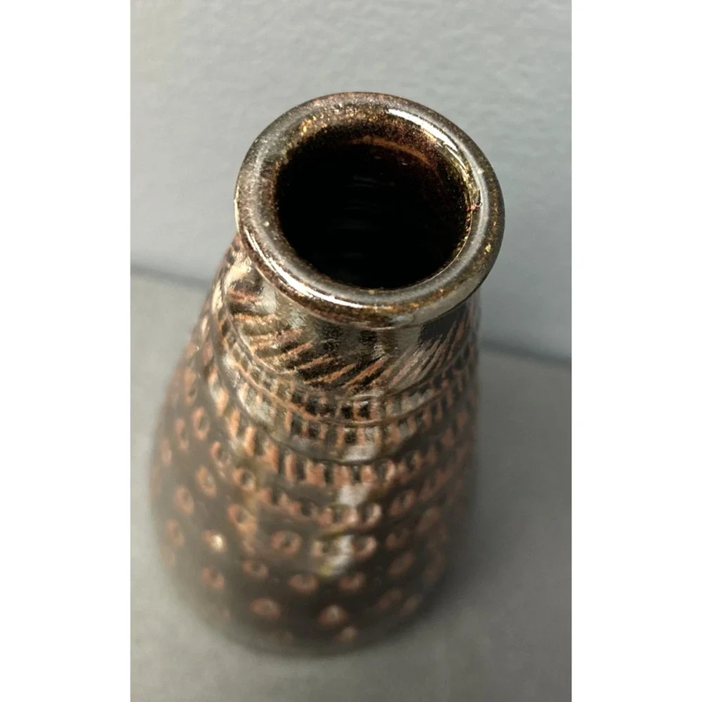 Signed Vintage Handmade Brown Textured 6 Inch Bud Vase Bottle Pottery